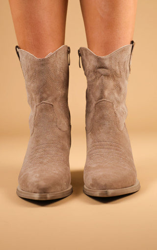 Khaki Embroidered Suede Cowboy Ankle Boots