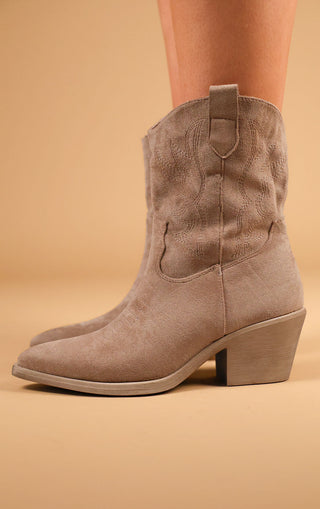 Khaki Embroidered Suede Cowboy Ankle Boots