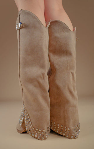 Khaki Faux Suede Buckle Knee High Studded Shark Boots