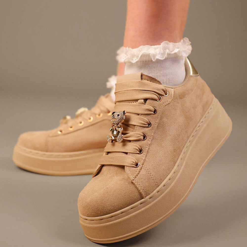 Khaki Faux Suede Flatform With Decorative Details Trainers