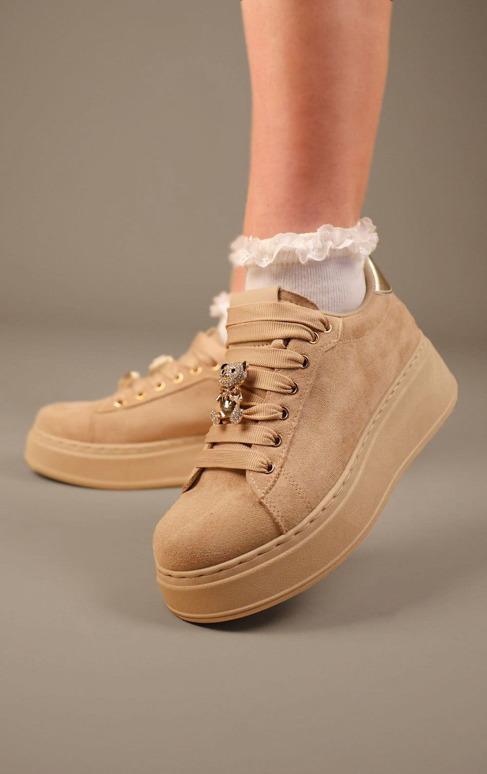 Khaki Faux Suede Flatform With Decorative Details Trainers