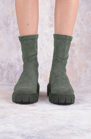 Khaki Green Faux Suede Ankle Sock Boot