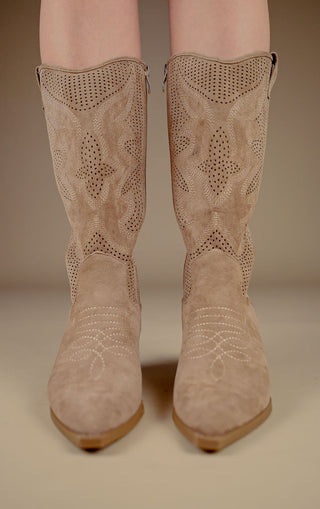 Khaki Mesh Pattern Detail Mid Calf Faux Suede Cowboy Boots