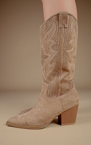 Khaki Mesh Pattern Detail Mid Calf Faux Suede Cowboy Boots