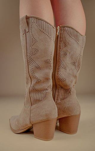 Khaki Mesh Pattern Detail Mid Calf Faux Suede Cowboy Boots