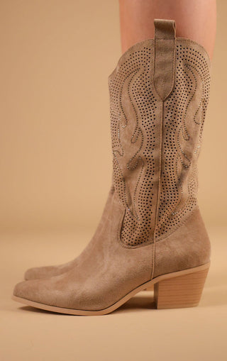 Khaki Mid-Length Diamante Mesh Western Cowboy Boot