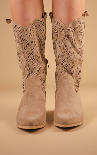 Khaki Mid-Length Diamante Mesh Western Cowboy Boot