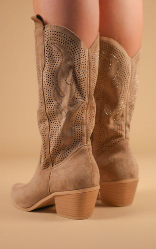 Khaki Mid-Length Diamante Mesh Western Cowboy Boot