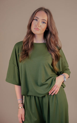 Khaki Oversized Ribbed T-Shirt & Straight Leg Trouser Co-Ord Set