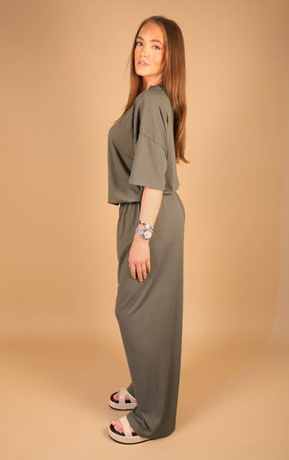 Khaki Oversized Ribbed T-Shirt & Straight Leg Trouser Co-Ord Set