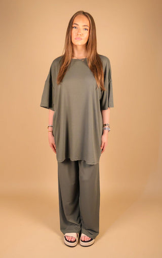 Khaki Oversized Ribbed T-Shirt & Straight Leg Trouser Co-Ord Set