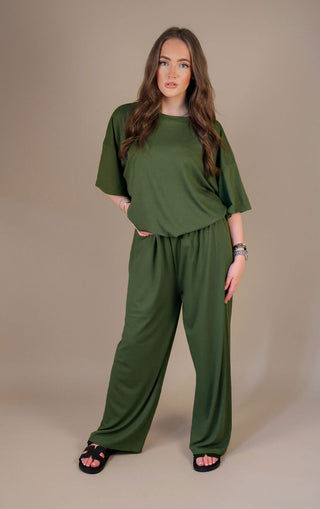 Khaki Oversized Ribbed T-Shirt & Straight Leg Trouser Co-Ord Set