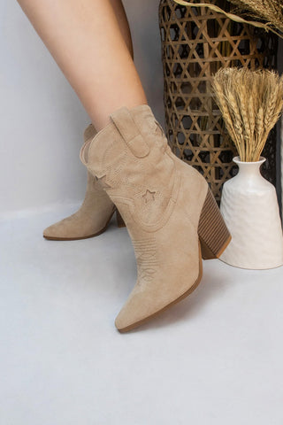 Khaki Star Embroidered Faux Suede Ankle Cowboy Boots