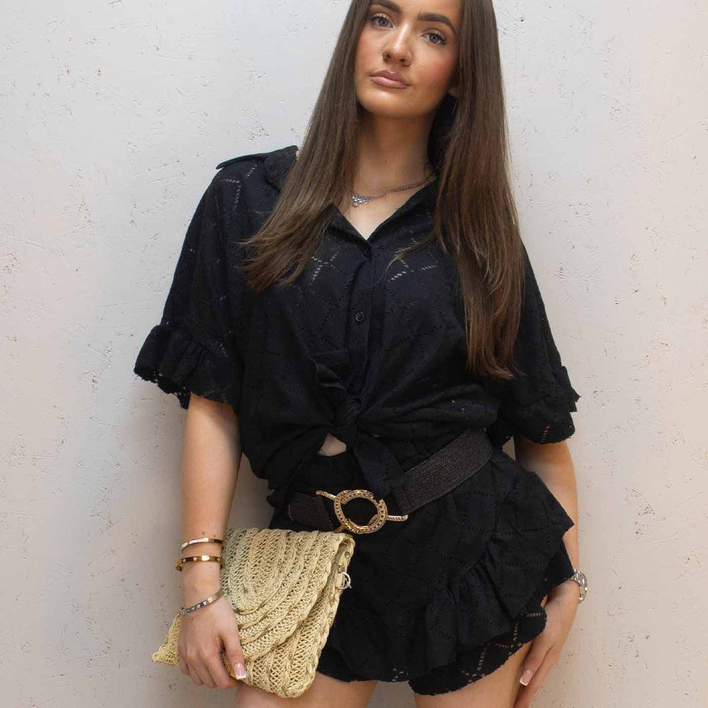 Kiki Frill Broderie Button Up Skort Co-Ord Black