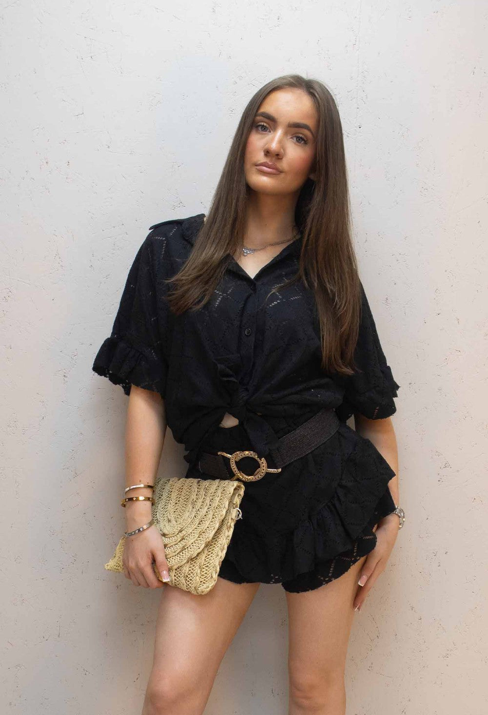 Kiki Frill Broderie Button Up Skort Co-Ord Black