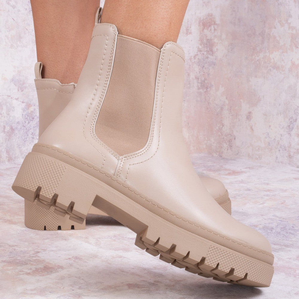 LARA Beige PU Leather Basic Chelsea Boot