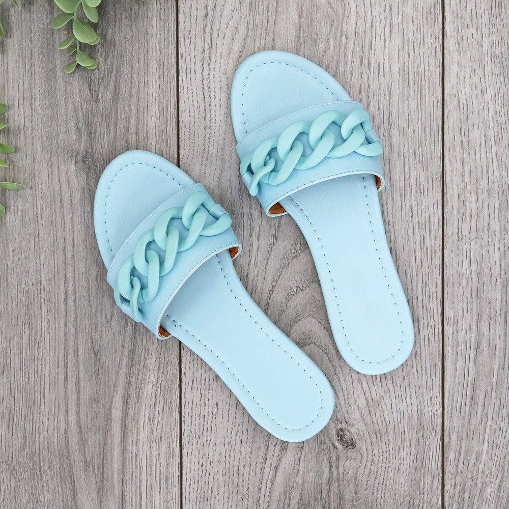 LINKED UP BLUE CHAIN DETAIL FLAT SANDALS