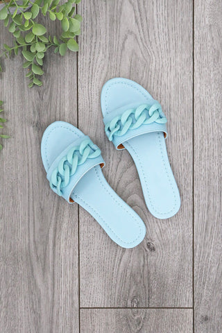 LINKED UP BLUE CHAIN DETAIL FLAT SANDALS