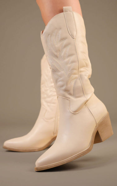 Beige Calf Length Western PU Cowboy Boots