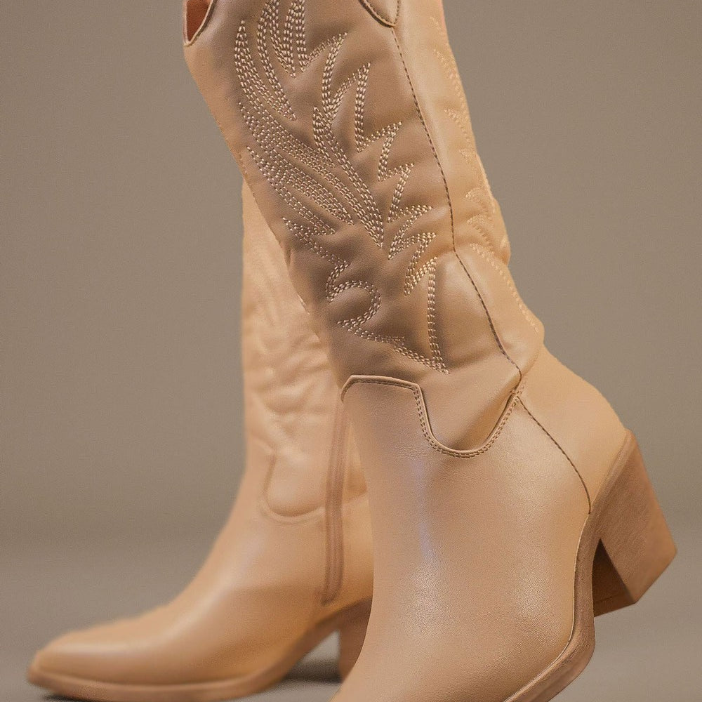 Khaki Calf Length Western PU Cowboy Boots