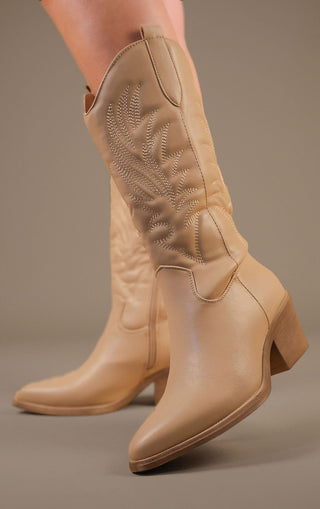 Khaki Calf Length Western PU Cowboy Boots