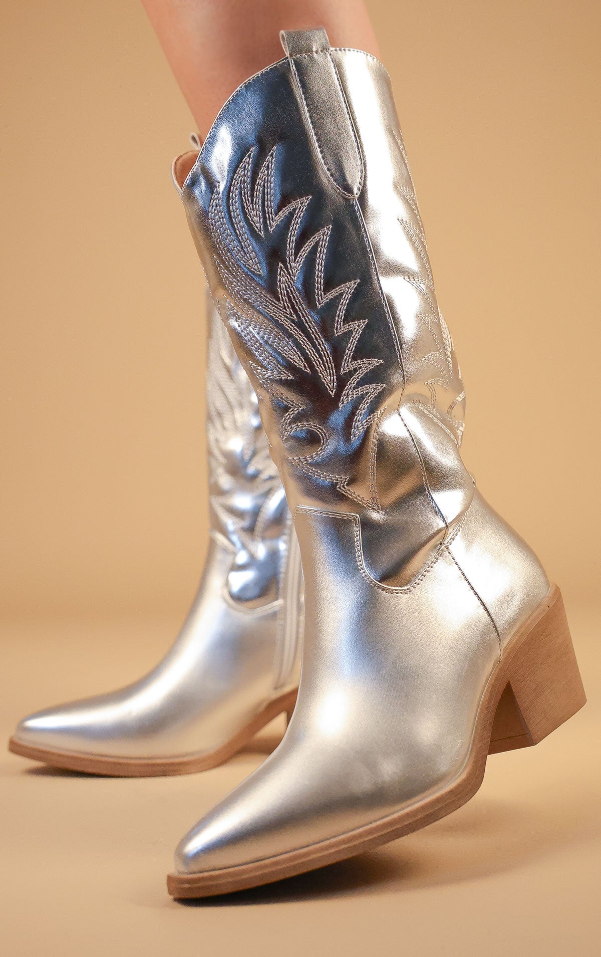 Silver Calf Length Western PU Cowboy Boots