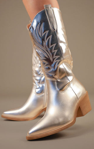 Silver Calf Length Western PU Cowboy Boots