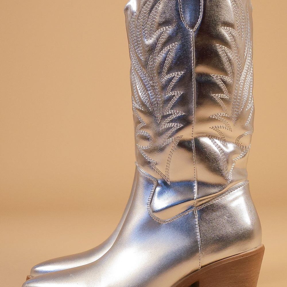 Silver Calf Length Western PU Cowboy Boots