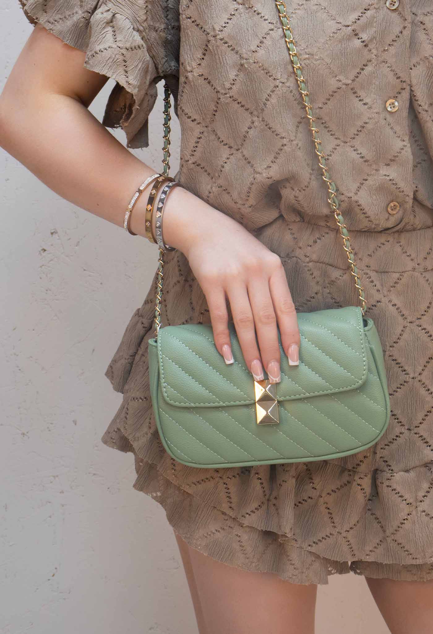 Quilted Patterned PU Leather Cross-Body Mint Bag