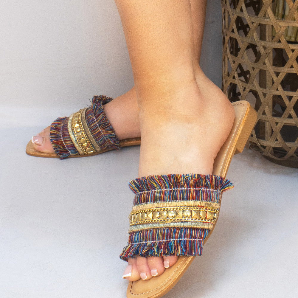 
                      
                        Multi-Coloured Tassel Fringe Studded Slider Style Sandals
                      
                    