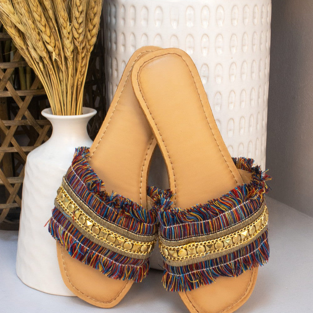 Multi-Coloured Tassel Fringe Studded Slider Style Sandals