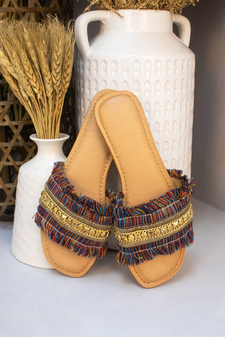 Multi-Coloured Tassel Fringe Studded Slider Style Sandals