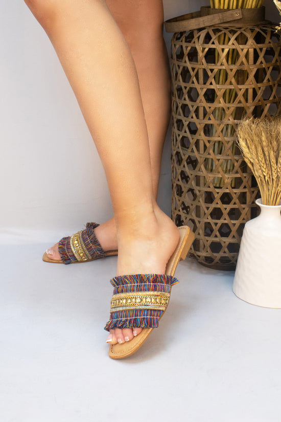 Multi-Coloured Tassel Fringe Studded Slider Style Sandals