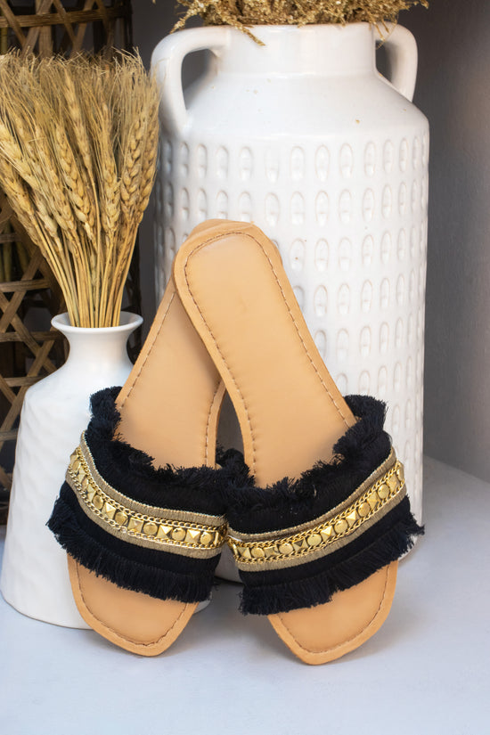 Black Tassel Fringe Studded Slider Style Sandals