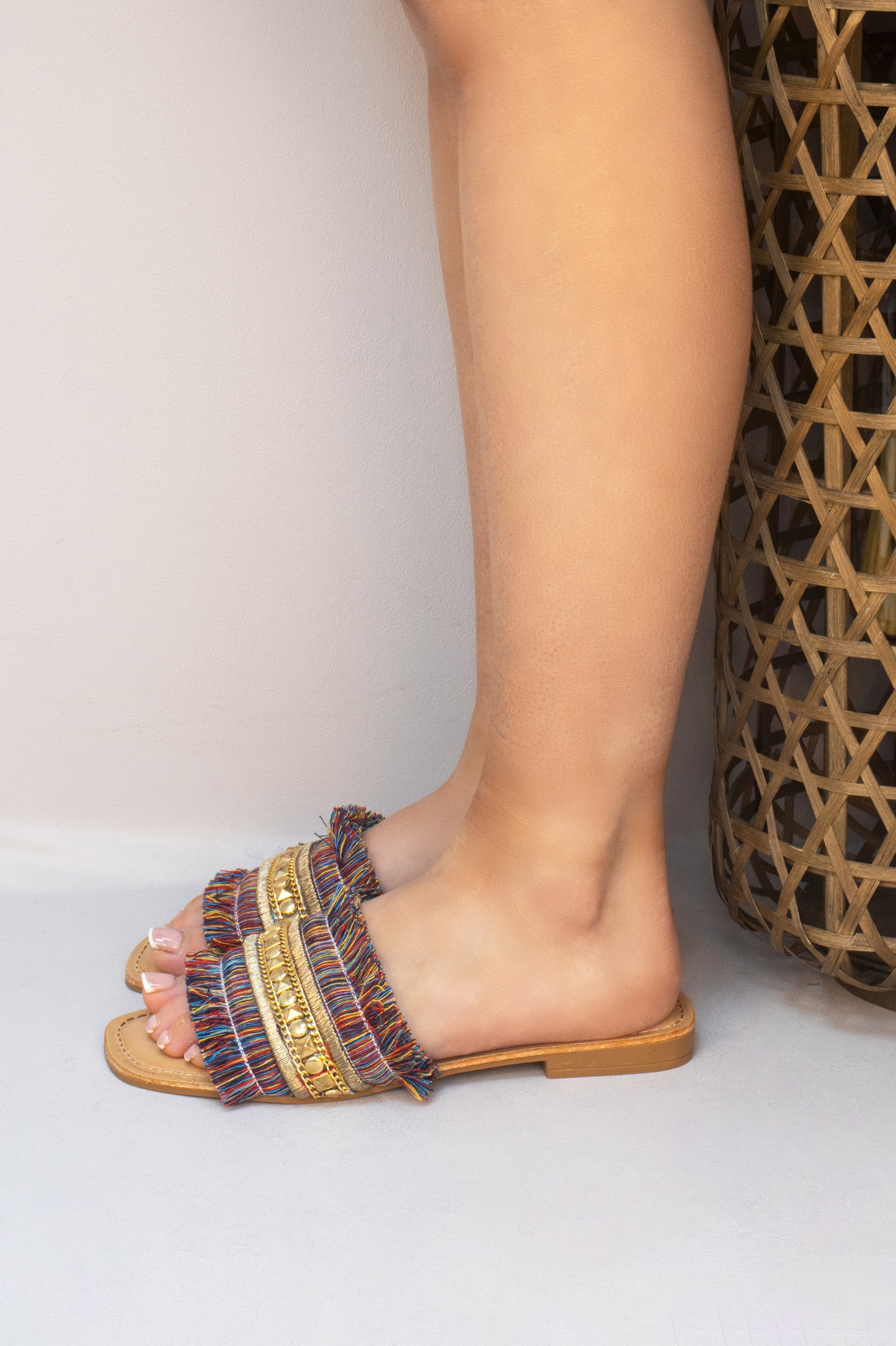 Multi-Coloured Tassel Fringe Studded Slider Style Sandals