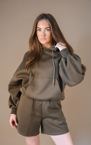 Green Tracksuit Ruched Hoodie and Shorts Set