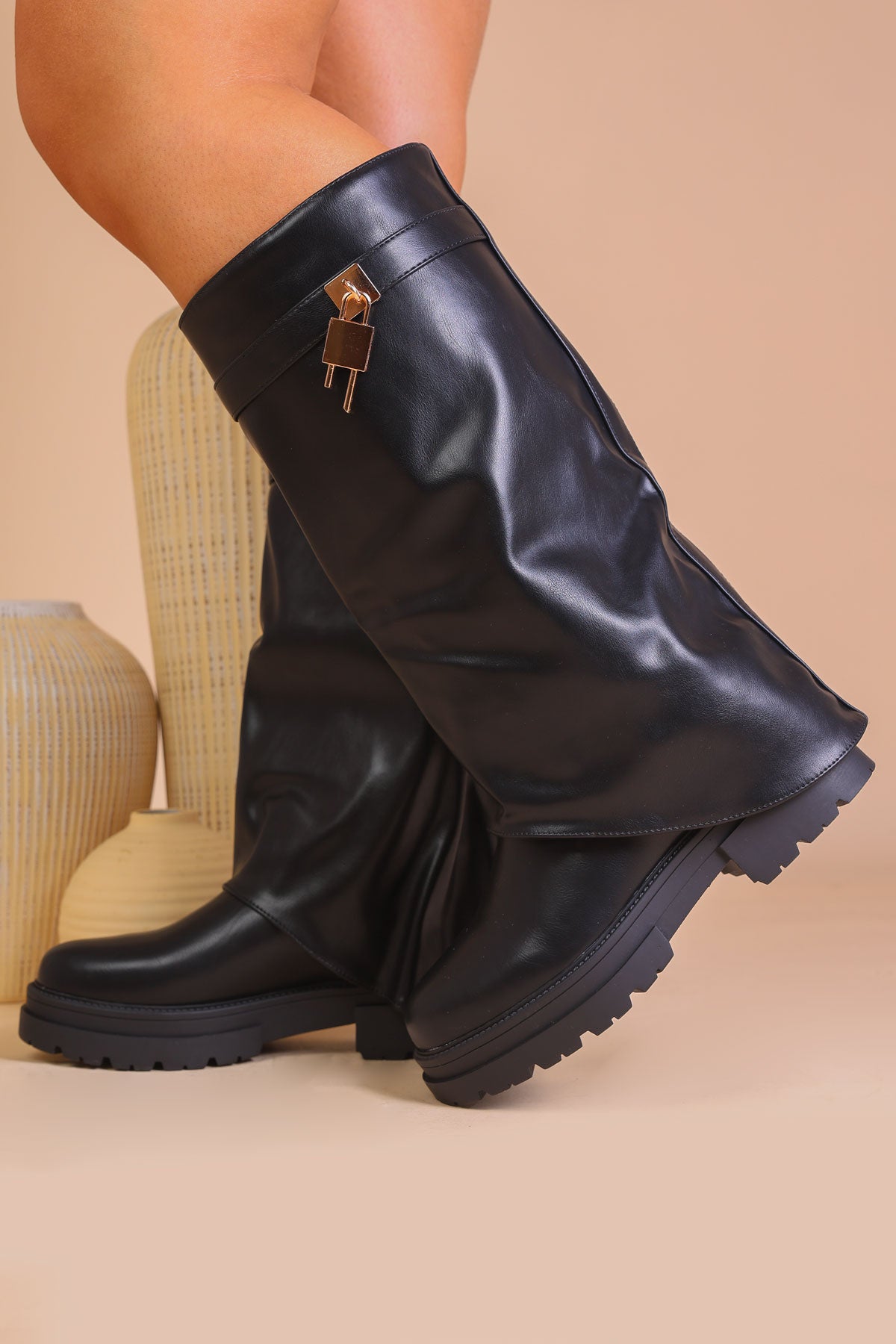 【Ameri】SHARK Sole SQUARE Boots Brown Faux Leather Chunky Fold Over Shark Boot - Miss Moda Luxe