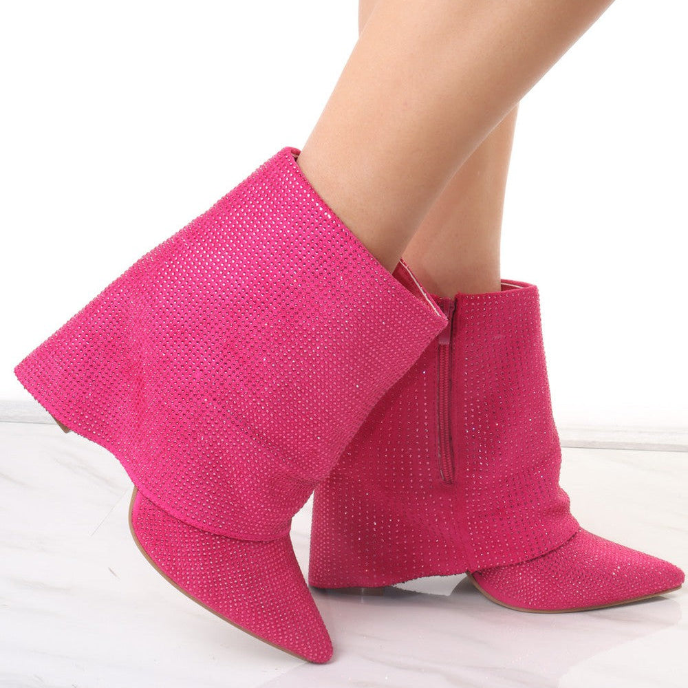 Pink Diamante Fold Over Shark Ankle Boot