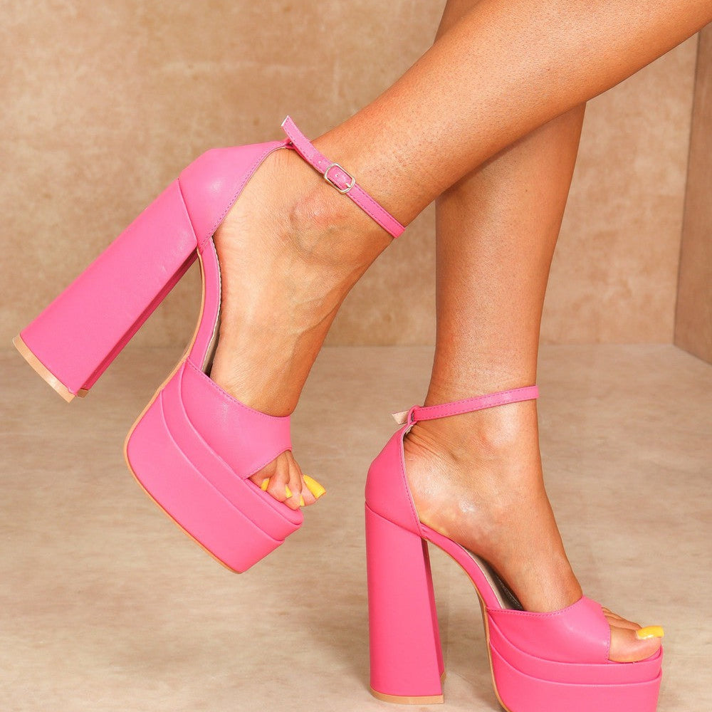 Pink Faux Leather Peep Toe Platform Block Heel With Ankle Strap