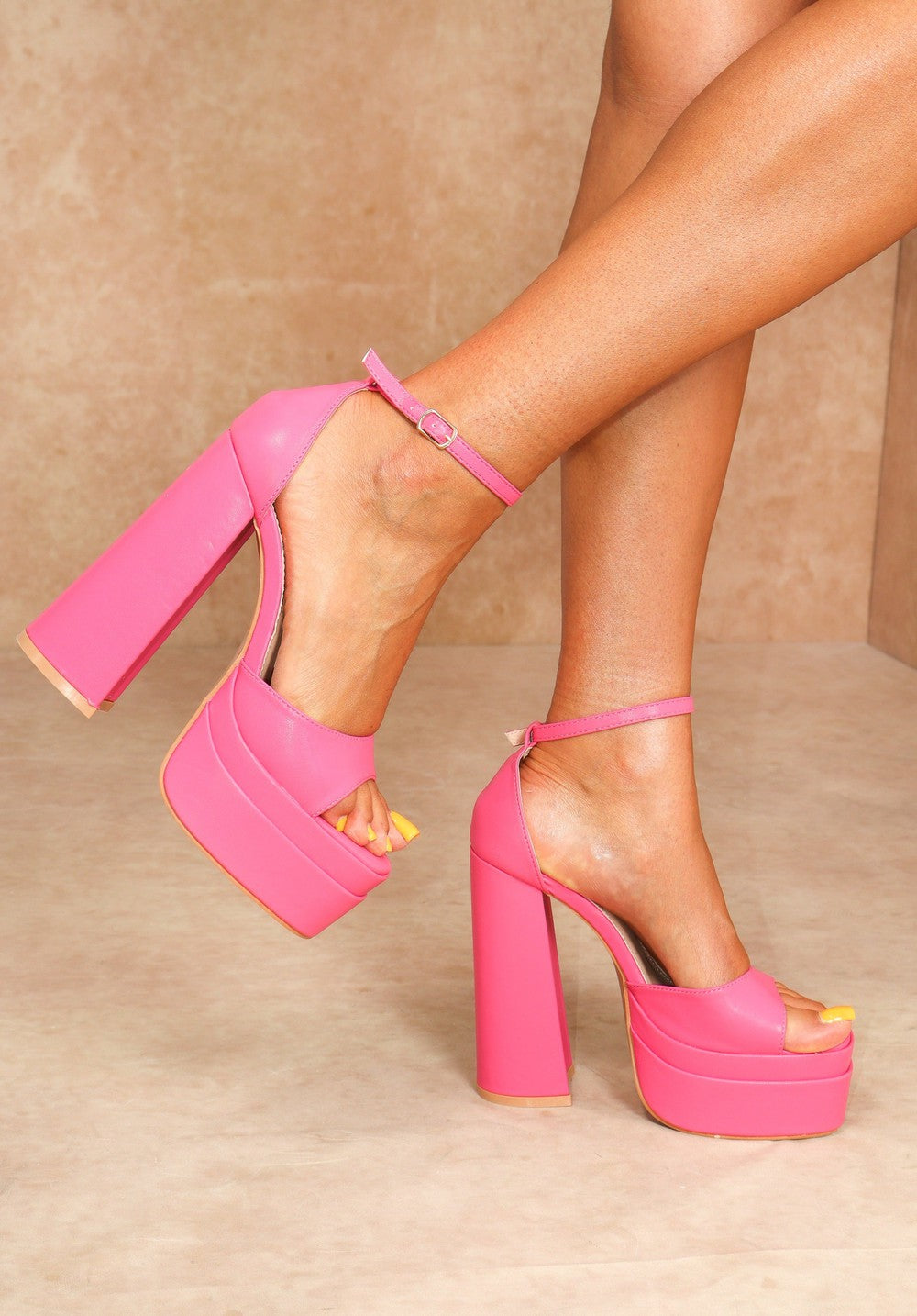 Pink Faux Leather Peep Toe Platform Block Heel With Ankle Strap