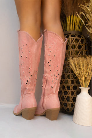 Pink Long Classic Western Cut Out Cowboy Denim Boot