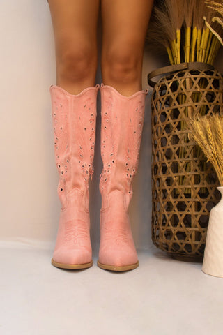 Pink Long Classic Western Cut Out Cowboy Denim Boot