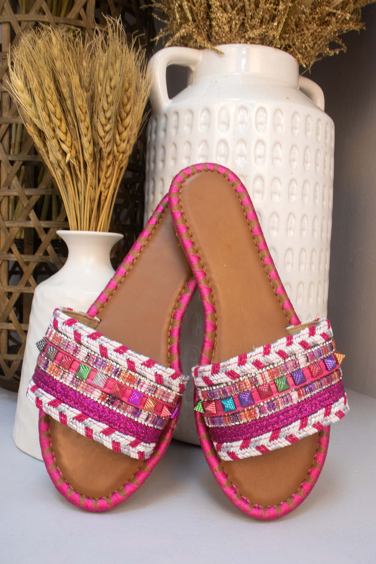 Fuchsia Studded Glitter Flat Slider Sandals