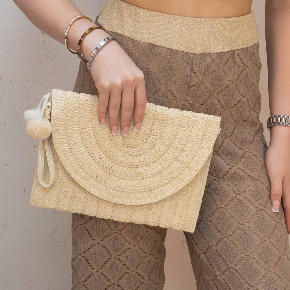 Plain Beige Woven Inspired Straw PomPom Bag