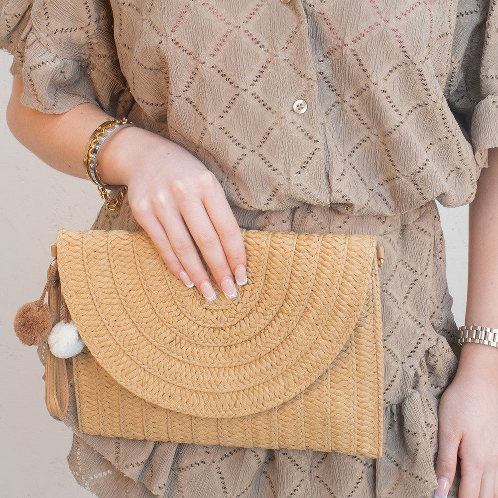 Plain Camel Woven Inspired Straw PomPom Bag