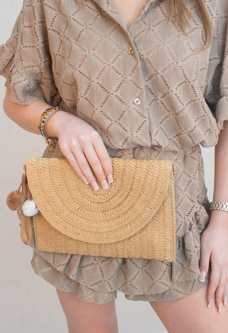 Plain Camel Woven Inspired Straw PomPom Bag