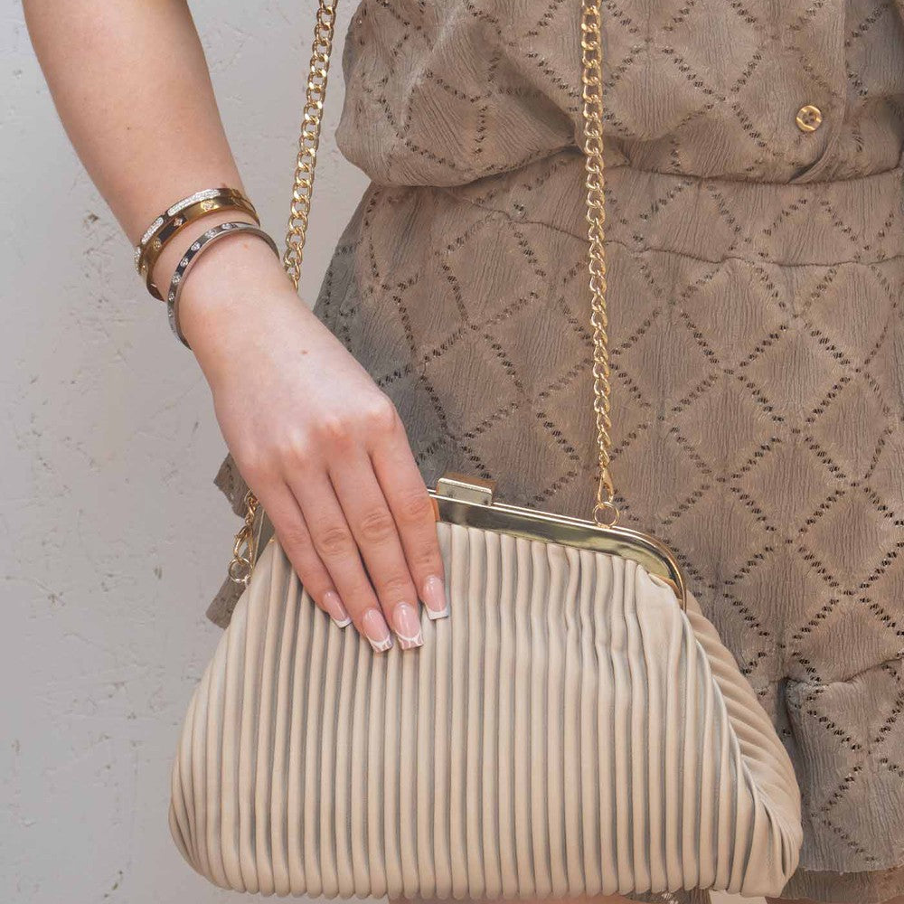 Pleated PU Leather Beige and Gold Bag