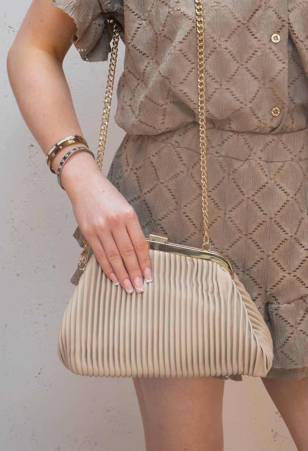 Pleated PU Leather Beige and Gold Bag