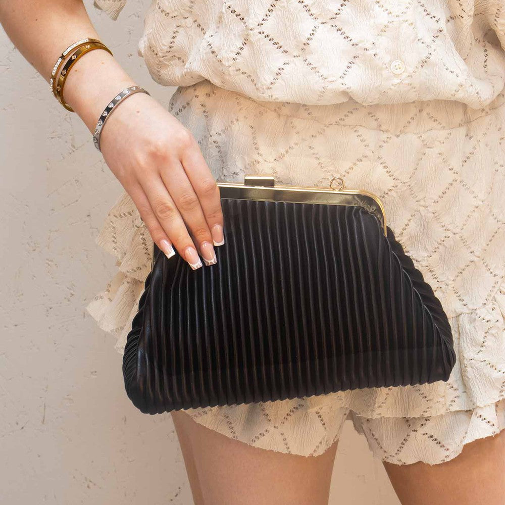 Pleated PU Leather Black and Gold Bag