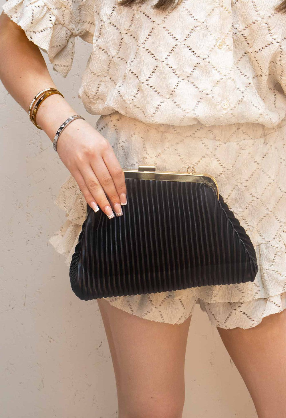 Pleated PU Leather Black and Gold Bag